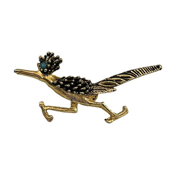 Vtg Gold Tone Brooch Pin Roadrunner Southwestern Bird Green Stone Eye 2" x 1" - Picture 2 of 5